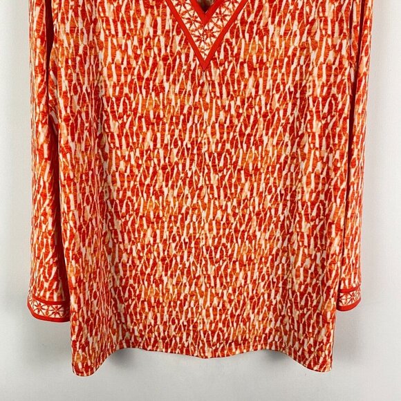 Michael Kors Blouse Size 2X Orange Patterned V Neck Stretch Long Sleeve - Picture 3 of 11